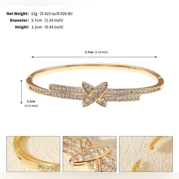 18K Gold X Criss Cross Link Bracelet Bangle Pave Diamond Inlay Inspired Stacking - Picture 4 of 6